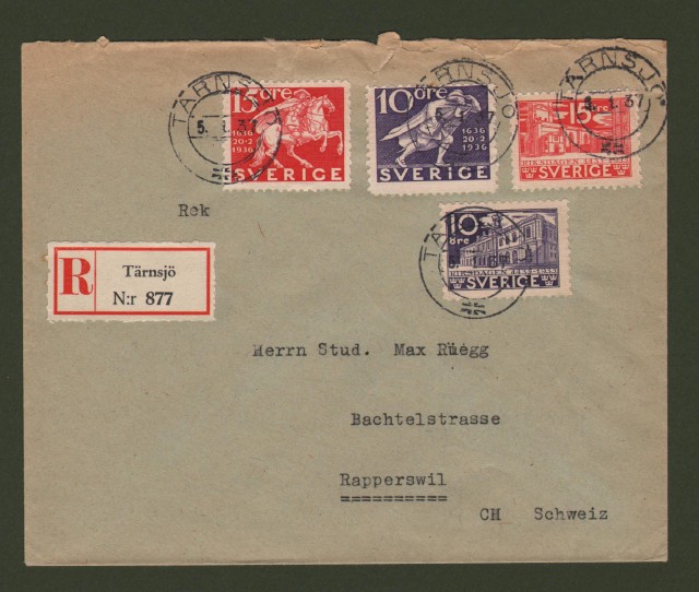 SVERIGE. 1937. Registered letter for Schweiz.