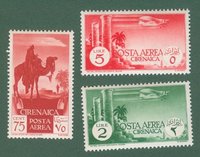 Colonie. CIRENAICA. Anno 1932. Posta aerea valori da cent. 75, lire 2 e lire 5 nuovi con gomma integra