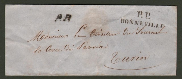Prefilatelia. PIEMONTE. Bustina per Torino con bollo nero P.P. BONNEVILLE.