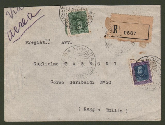 Colonie Italiane. ERITREA. Raccomandata aerea del 14.7.1937 da Asmara per Reggio Emilia.