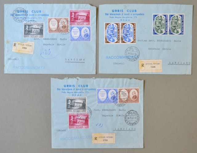VATICANO. Tre raccomandate del 1957 affrancate con serie completa Collegio Capranica (2) e Accademia Pontificia.