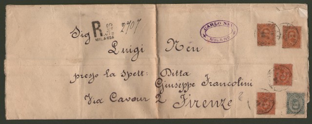 Storia postale. REGNO ITALIA. Grossa fascetta raccomandata del 14 Novembre 1892 da Milano a Firenze ...