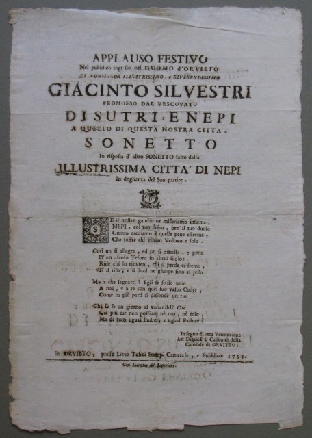 (Stato Pontificio '700 - Orvieto) SONETTO per celebrare l'arrivo del nuovo Vescovo nella città  di Orvieto. Bando del 1754.