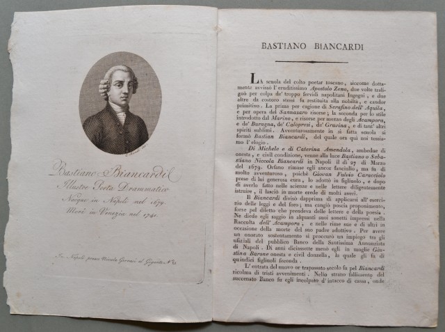 REGNO DI NAPOLI. Campania. BIANCARDI BASTIANO, nato a Napoli nel 1679. Illustre poeta drammatico