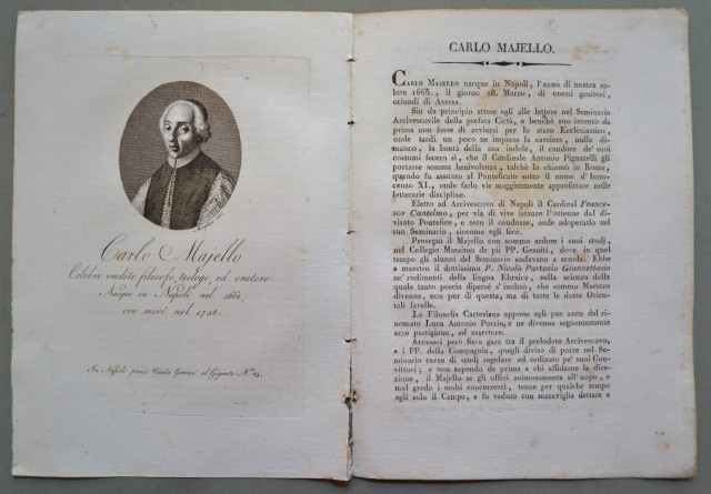 REGNO DI NAPOLI. Campania. MAJELLO CARLO, nacque a Napoli nel 1665, ivi morì nel 1738. Celebre erudito filosofo, teologo ed oratore.