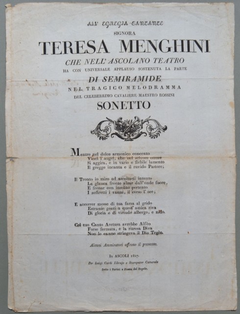 ASCOLI - TEATRO. Bando del 1827 contenente un sonetto di plauso offerto alla cantante Teresa Meneghini che ha sostenuto la parte di Semiramide nell'opera di Rossini.