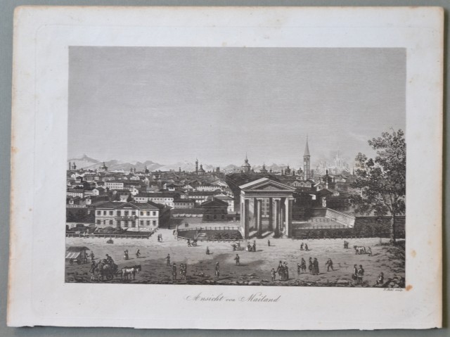 LOMBARDIA ' MILANO. Ansicht von Mailand,  bella veduta panoramica con molti personaggi.